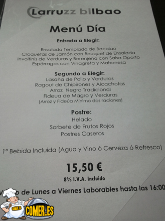 opciones del restaurante especializado en arroces junto a la ría de Bilbao